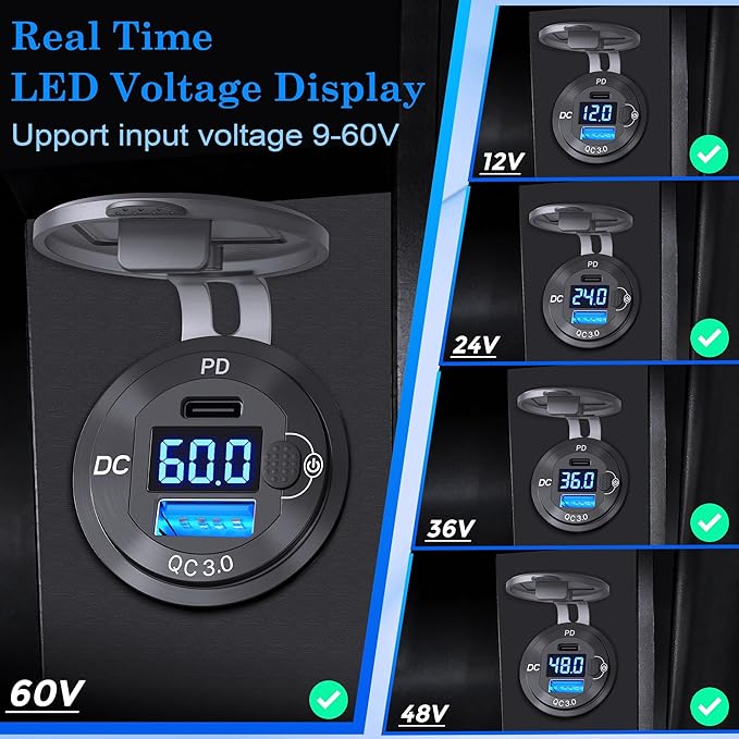 12V 24V 36V 48V 60V High Voltage USB Outlet Aluminum Car Socket, PD 36W and QC 36W Car Port Outlet Waterproof Cigarette Lighter Power Adapter DIY Kit with Button Switch for Boat Golf Cart, etc.
