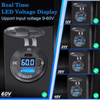 12V 24V 36V 48V 60V High Voltage USB Outlet Aluminum Car Socket, PD 36W and QC 36W Car Port Outlet Waterproof Cigarette Lighter Power Adapter DIY Kit with Button Switch for Boat Golf Cart, etc.