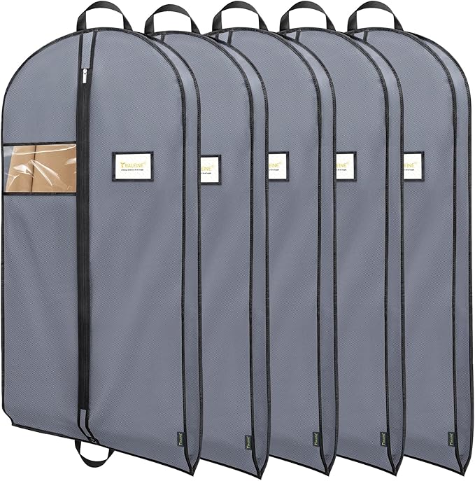 BALEINE 5PK Heavy Duty Garment Bag with Shoe Storage Travel Bag for Dresses, Suit, Coats Travel Essential (60", Grey)