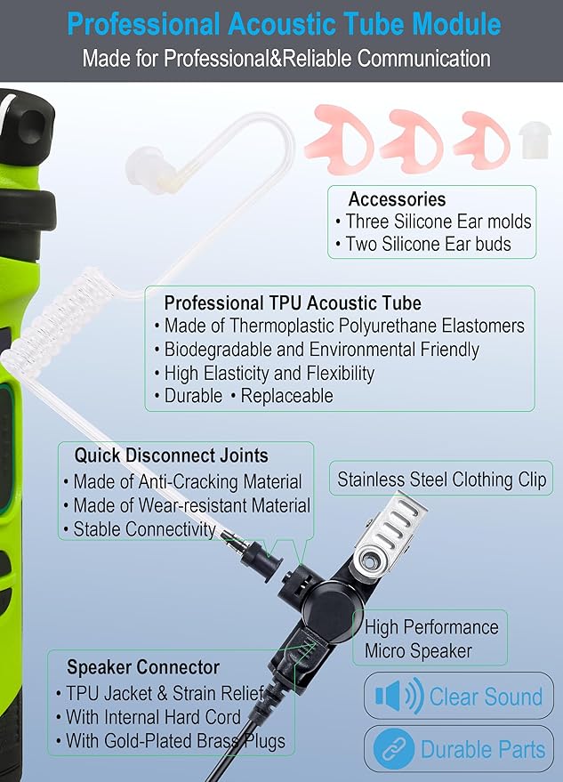 commountain 3.5mm Listen Only Earpiece Compatible with Speaker Mic, Acoustic Tube Receive Only Headset with 3 Earmolds, for Police Security and Law Enforcement Use