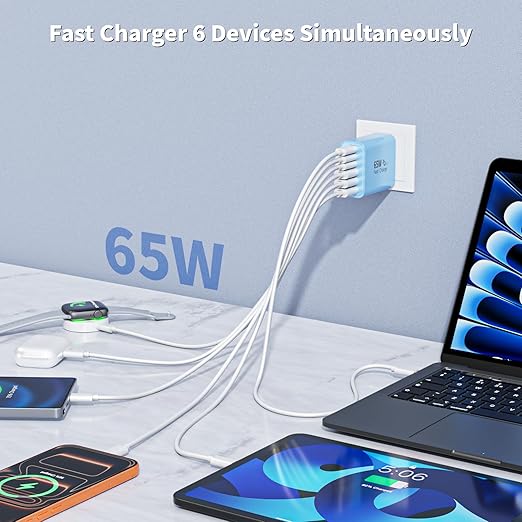 2Pack 65W USB C Charger Block,6-Port USB C Wall Charger Fast Charging,PD Type C Plug Adapter+QC Plug Compatible with Apple iPhone 17 17Air 16E 16Pro Max 16 15 14 13 12 11 XS Max,iPad Pro,AirPods,Blue.