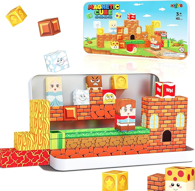 Mini Magnetic Building Blocks Travel Set with Case, 45pcs Travel Magnetic Toys with Portable Box for Kids, STEM Educational Sensory Toys, Classroom Must Have, Learning Gift for Toddlers, Boys & Girls