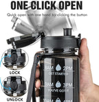OLDLEY Water Bottle 32oz, Durable and Leakproof Water Bottles Motivational with Time Marker, Tritan, BPA Free, Wide Mouth, Gym, Travel, School,Office, Gifts for Her, Women Men,Clear Black (1 Bottle)