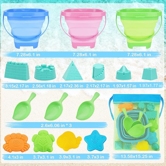 RACPNEL Collapsible Beach Toys for Kids, 3 Pack Foldable Sand Buckets and Shovels Set with Mesh Bag, Silicone Pails for Beach Travel Essentials, Easter Egg Hunt, Sand Toys Molds for Kids and Toddlers
