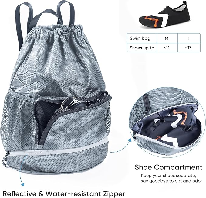 Swim Beach Sports Drawstring Backpack - Gym Bag with Shoes Compartment and Waterproof Pocket for Gym Accessories, Swim Essentials - Kids Mens Beach Workout Bag