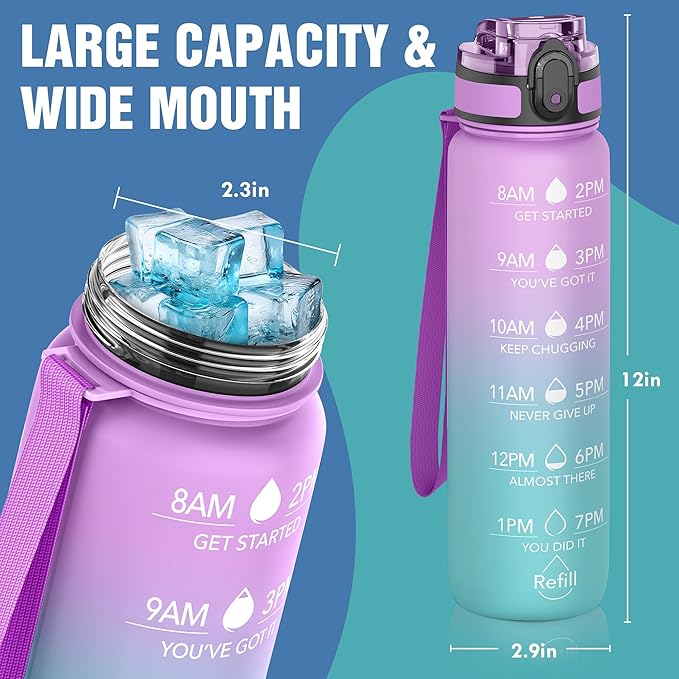 OLDLEY Water Bottle, 32oz Motivational Sports Water Bottle with Time Marker Times to Drink Tritan, BPA Free, Wide Mouth Leakproof, Anniversary Birthday Gifts for Men Women, Confectionery (1 Bottle)