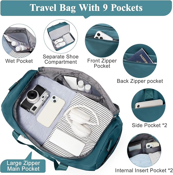 Travel Duffel Bag for Women, Carry-on Overnight Weekender Bags with Wet Pocket & Toiletry Bag, For Spirit Airlines 18x14x8 Personal Item Bag,3 Pcs Set,Small