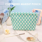 PAZIMIIK Knitted Checkered Makeup Bag Large Zipper Make Up Accessory Pouch for Purse Cosmetic Brush Bag for Travel Essential Arctic Blue