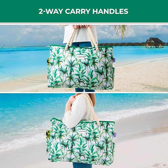 Beach Bag and Pool Bag Has Cooler Pocket, 7 Pockets Total, Zip Top. Family Size Waterproof Beach Tote
