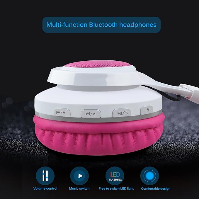 Riwbox WT-7S Bluetooth Headphones Light Up, Foldable Stero Wireless Headset with Microphone and Volume Control for PC/Tablet/TV/Travel (Pink)