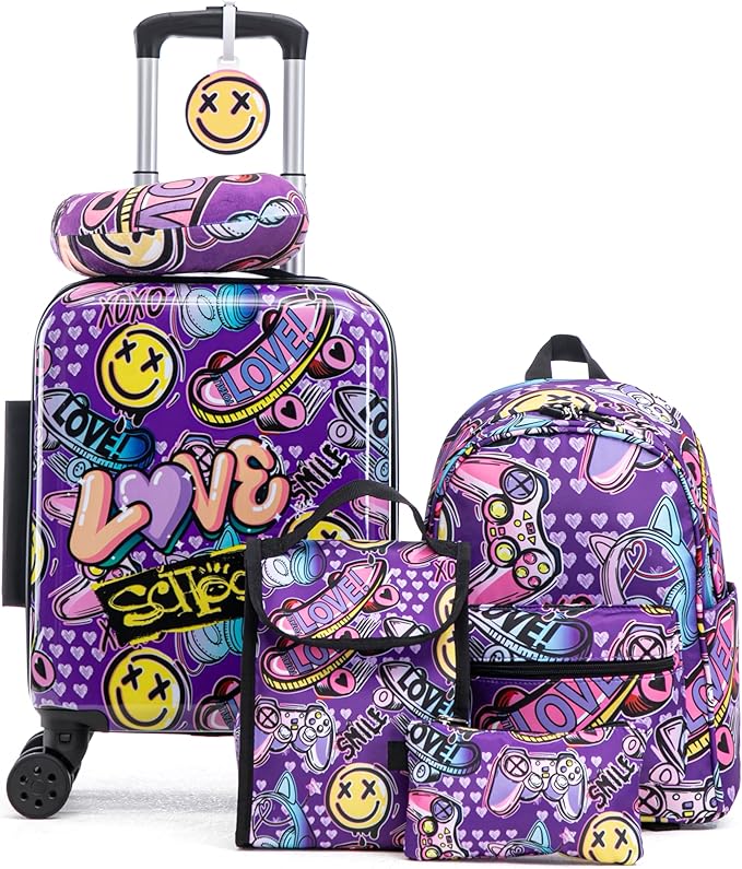 Rosamo Kid’s Luggage Set 6 Piece Suitcase Set 16" Hardside Luggage with Spinner Wheels Girls Boys Carry on Luggage Travel Rolling Luggage Airline Approved (Emoji)