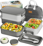Adults Bento Box with Insulated Lunch Bag, 74oz Capacity 3 Stackable Leak-Proof Bento Box Built-In Utensil and Sauce, PFAS & BPA-Free, Microwave & Dishwasher Safe (Dusk Gray)