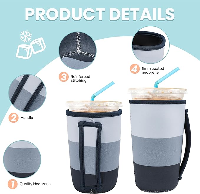 KJQJLY 3 Pack Reusable Iced Coffee Sleeves for Iced Coffee Cups or Drinks Reusable Neoprene Insulated Sleeves for Hot and Cold Drinks from Starbucks, Dunkin, And More (Navy Blue)