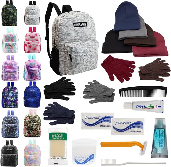 Moda West Bulk Case of 12 Backpacks, 12 Winter Item Sets, 12 Hygiene Kits - Hygiene Kits and Clothing for Emergencies, Homeless, Charity