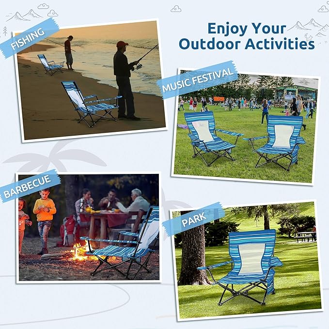 HaSteeL Folding Beach Chair Set of 2, Foldable Striped Camping Chairs for Outside, Low Beach Chair Portable for Adults Fishing, Picnic, Outdoor BBQ, Travel, Sports, Cup Holder & Storage Bag
