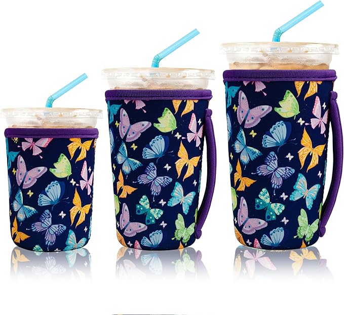 KJQJLY 3 Pack Reusable Iced Coffee Sleeves for Iced Coffee Cups or Drinks Reusable Neoprene Insulated Sleeves for Hot and Cold Drinks from Starbucks, Dunkin, And More (Dark butterfly)