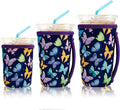 KJQJLY 3 Pack Reusable Iced Coffee Sleeves for Iced Coffee Cups or Drinks Reusable Neoprene Insulated Sleeves for Hot and Cold Drinks from Starbucks, Dunkin, And More (Dark butterfly)