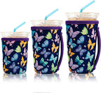 KJQJLY 3 Pack Reusable Iced Coffee Sleeves for Iced Coffee Cups or Drinks Reusable Neoprene Insulated Sleeves for Hot and Cold Drinks from Starbucks, Dunkin, And More (Dark butterfly)