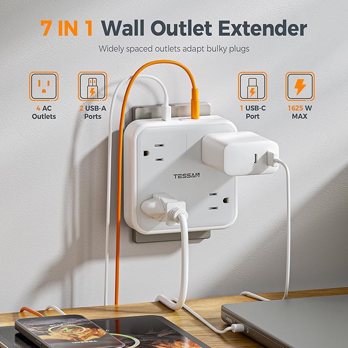 TESSAN Multi Plug Outlet Extender, Surge Protector Splitter with 3 USB (1 USB C Port) Wall Charger, Multiple Expander for Travel, Home, College Dorm Room