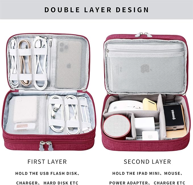 Lanola Travel Cable Organizer Bag, Electronic Accessories Case Portable Double Layer Cable Storage Bag for Cord,phone,Charger, Flash Drive, Phone, SD Card,Personal Items - (Red)