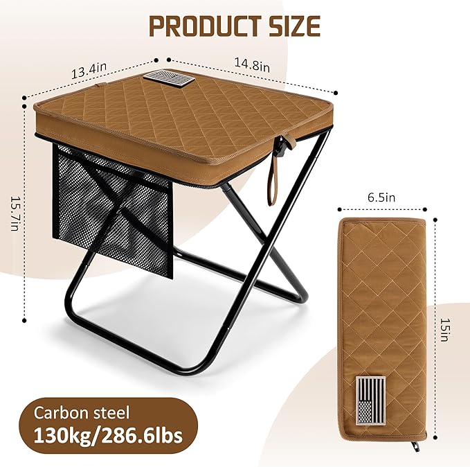 LiKiLiKi Extra Large Foldable Backpack Stool, Heavy Duty Thickened Collapsible Portable Pocket Chair, Compact Pocket Size Travel Seat for Hiking, Fishing, Picnic and Outdoor Activities (Brown)