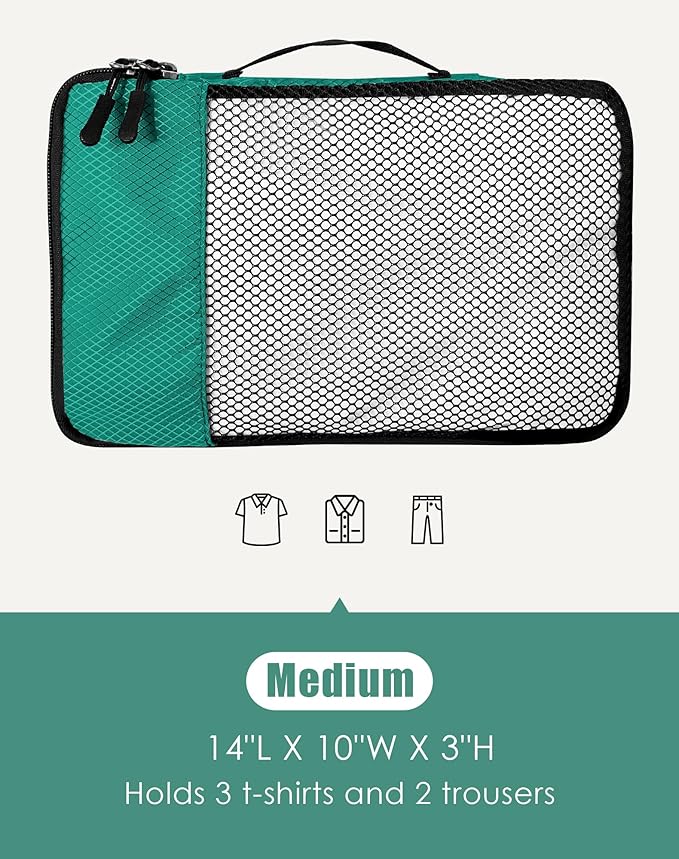 WTREE 4-Piece Packing Cubes Travel Accessories Set for Suitcases - Luggage Organizer Bags with Double Zipper - Mesh Top - Medium - Green