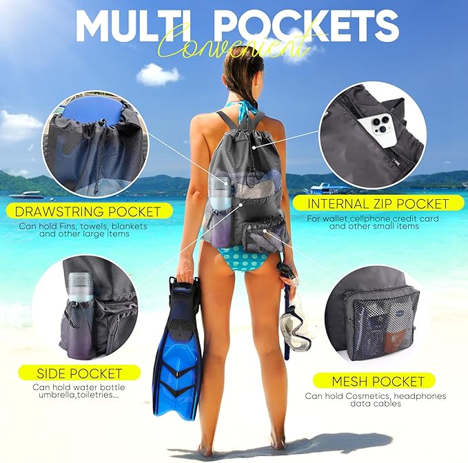 HOHOM Swim Mesh Beach Bag, Waterproof Gym Bags for Women and Men, Large Pool Bag Swimming Gear Drawstring Backpack