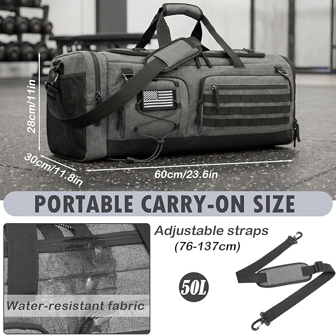 Gym Bag for Men and Women, 50L Extra Large Duffle Bag, 3-in-1 Travel Sports Duffel Bags with Shoe & Laptop Compartment for Overnight Weekender Gym Traveling Workout Deployment, Black + Gray