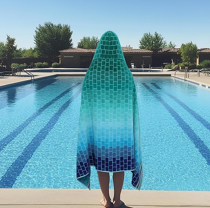COTTON CRAFT Hooded Beach Towel – Oversized 35 x 70 Towel with Hood for Adults - 100% Cotton Velour Terry Jacquard Towel - Pool Bath Wrap - 450 GSM Soft Absorbent Quick Dry – Blue Tiles
