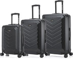 US ARMY FOX 3 Pcs Set Hardshell Luggage with Spinner Wheels | 20, 24, 28 inch Lightweight Travel Suitcase, Chevron Icon, Gel Handle, Retractable Trolley, Side Studs | Black
