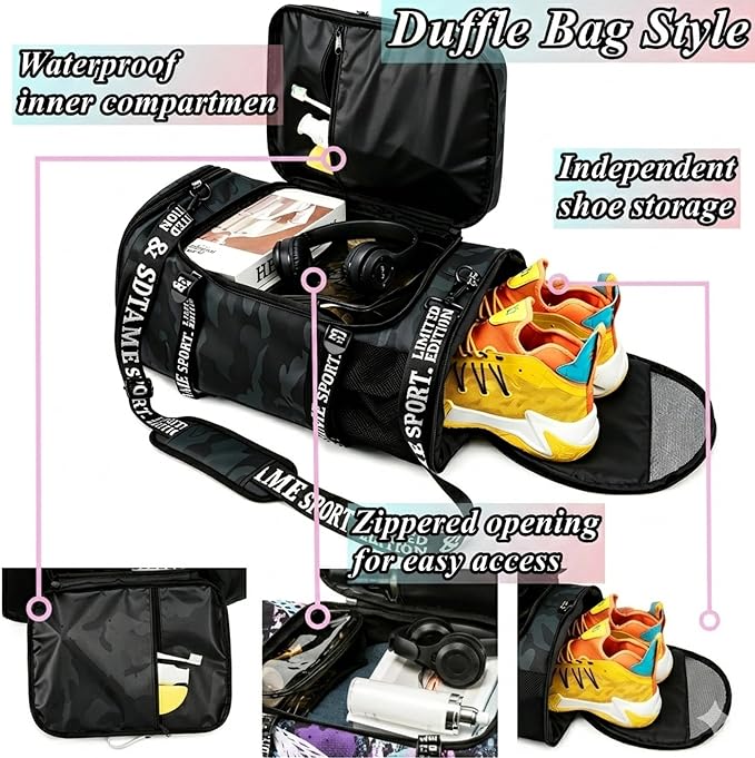 Gym Duffle Bag Backpack with Shoe Compartment,4 ways Travel Backpack for Women and Men,Multi-Functional Weekender bag with Waterproof Layer&Laptop Compartment for Fitness, Travel,Camping