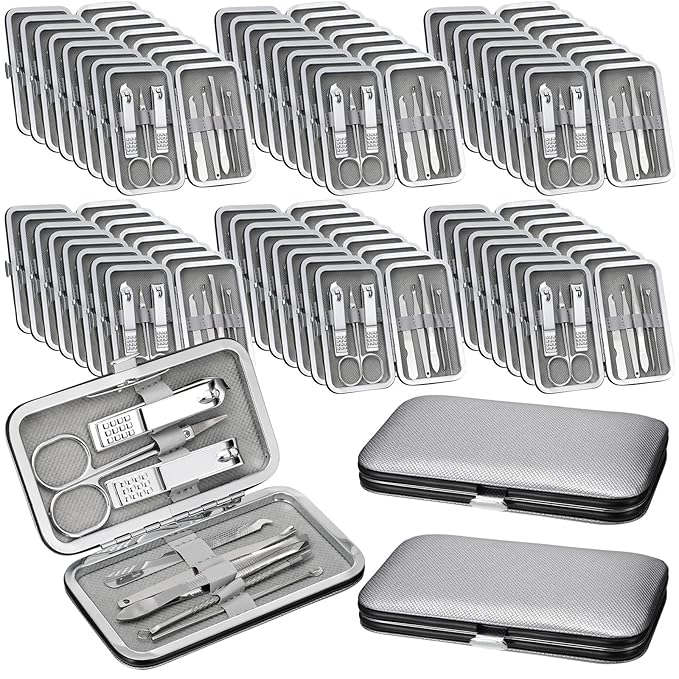 Geosar 50 Set 8 in 1 Travel Manicure Kit Bulk Professional Nail Clippers Pedicure Nail Care Tools Grooming Stainless Steel Set with Portable Travel Case, Gift for Valentine Men Women(Sliver)