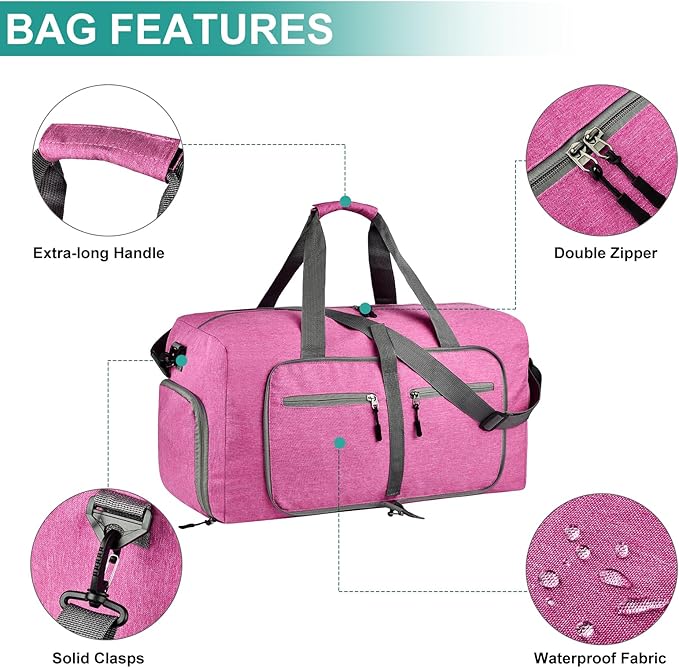 Dimayar 65L Travel Duffle Bag for Men Women - Foldable Duffel Bag with Shoes Compartment - Overnight Bags Waterproof & Tear Resistant(Rouge Pink)
