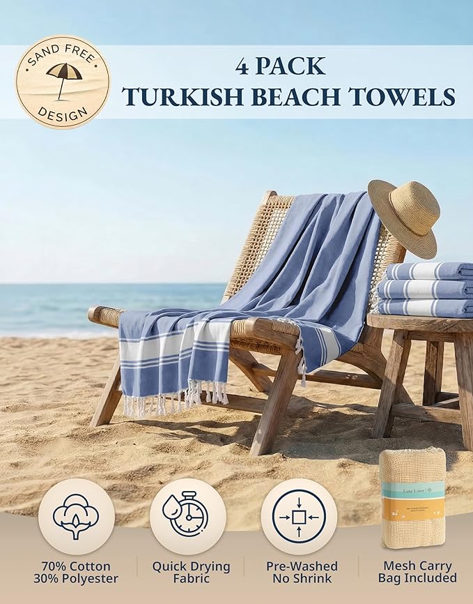 LANE LINEN Beach Towels 4 Pack Oversized - Turkish Towel Set, Pre-Washed Oversized Beach Towel, Quick Dry Beach Towels for Travel, Beach Towel Large, Sand Free Towel,39"x71" - Forever Blue