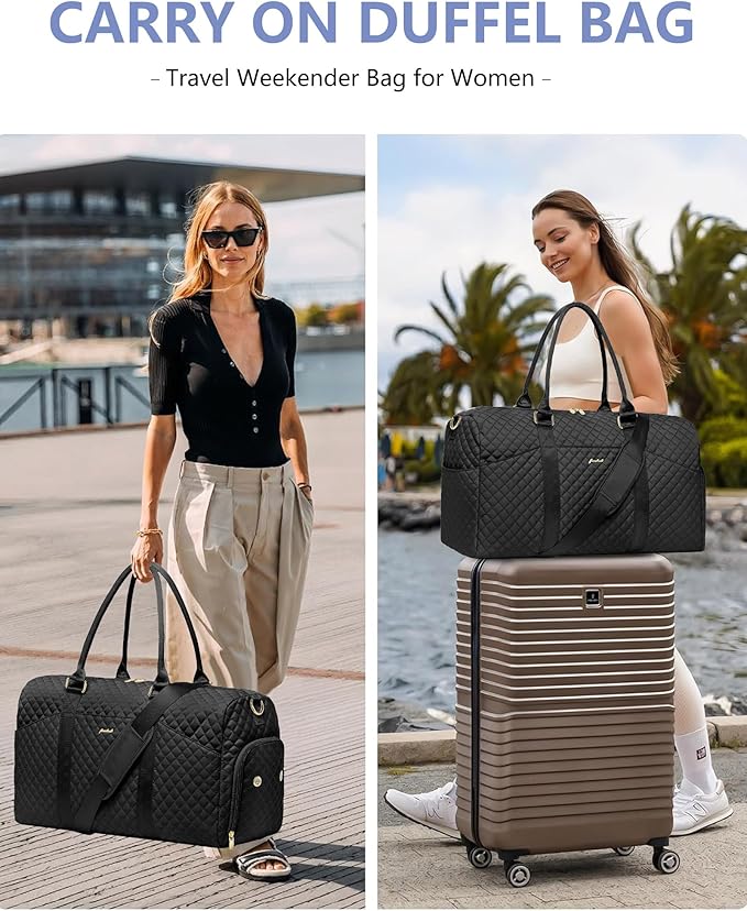 FOCDOD Travel Duffle Bag for Women - Weekender Bags with Shoe Compartment Large Carry on Overnight Tote Bag with Toiletry Bag Traveling Yoga Gym Bags with Wet Pocket Mommy Hospital Bag Black