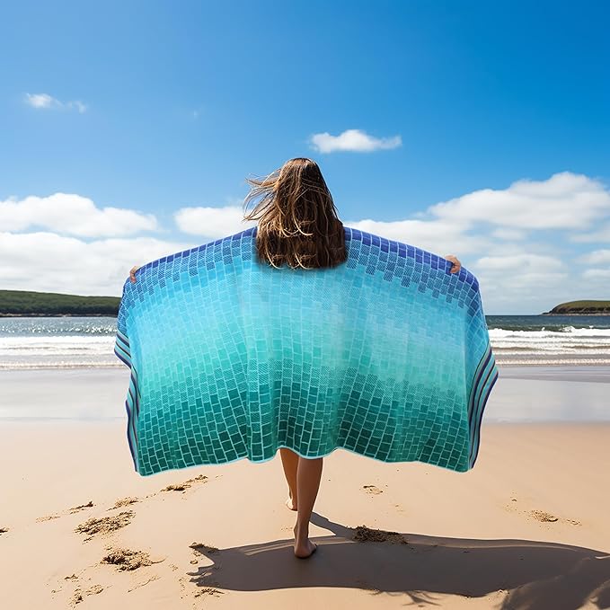 COTTON CRAFT Oversized Beach Towel - 2 Pack 35 x 70 Big & Huge Towel Set - 100% Cotton - Pool Picnic Bath Towel - Plush Terry Jacquard Velour 450 GSM Thick Super Soft Absorbent Luxury - Blue Tiles