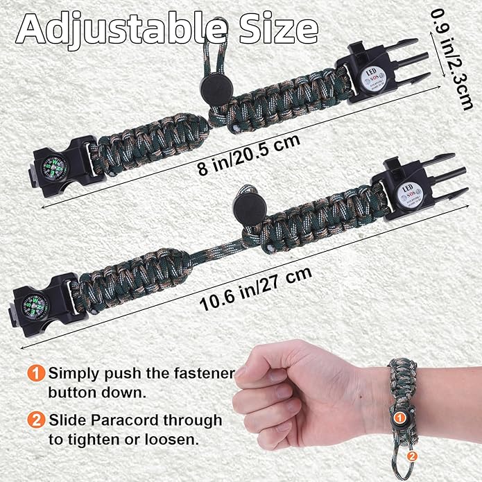 Survival Bracelets, Paracord Bracelets (2 pcs) with Loud Whistle Light Flint, Adjustable Compass Bracelet for Outdoor Camping Hiking Fishing Hunting, Multitools Tactical Gear, Bearable 300 lb