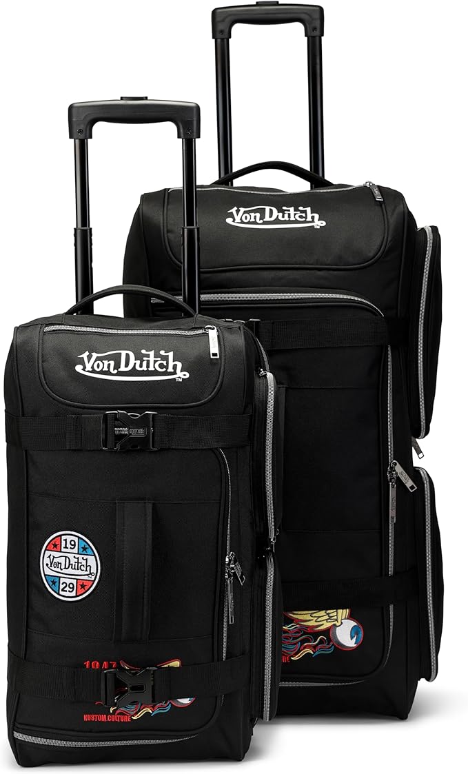 Von Dutch Signature Patch 2-Piece Rolling Duffel Set with Telescopic Trolley Handle and Inline Skate Wheels