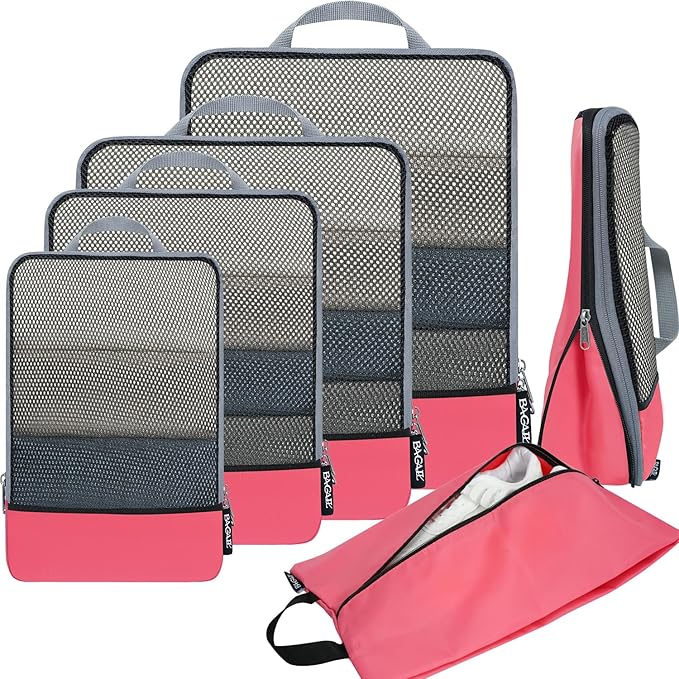 BAGAIL 4 Set/6 Set/8 Set Compression Packing Cubes Travel Accessories Expandable Packing Organizers (Half Mesh, 6-Coral)