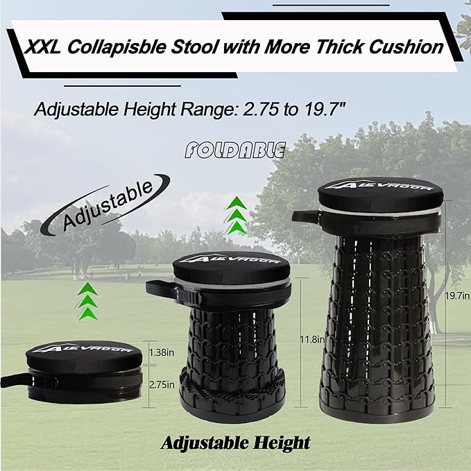 ALEVMOOM Upgraded H 19.7" Collapsilbe Stool with 1.38" Thick Cushion,1000 lbs Capacity Wider & Taller Heavy Duty, Portable and Foldable Adjustable Telescoping Stool for Camping Hiking BBQ