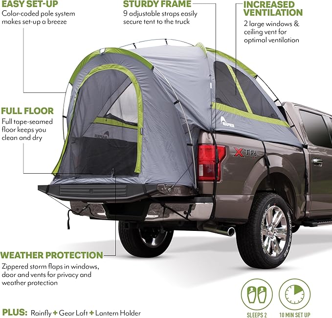 Napier Backroadz Truck Tent | Pickup Truck Bed Camping Tent | Rainfly for Water Protection | Sturdy and Spacious 2-Person Truck Tent | Easy 10-Minute Setup | Gray/Green
