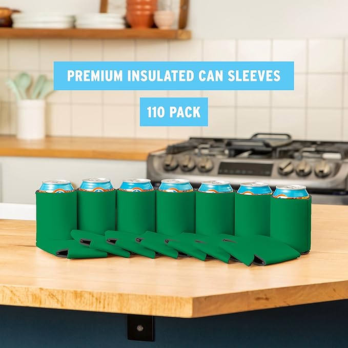 Blank Beer Can Cooler Sleeves (110-Pack) - Soft Insulated Coolies, HTV Friendly Koolies in Bulk for Cans & Bottles - Coolie Blanks for Vinyl Projects & Wedding Favors (Kelly Green)