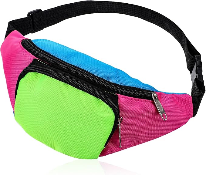 80s Neon Fanny Pack 2 Pockets 90s Belt Bags for Women Men Waist Retro Packs for Holiday Festival, 80s Theme Halloween Party, Vintage Rave Accessories Plus Size Belt Bag, Pink Bottom