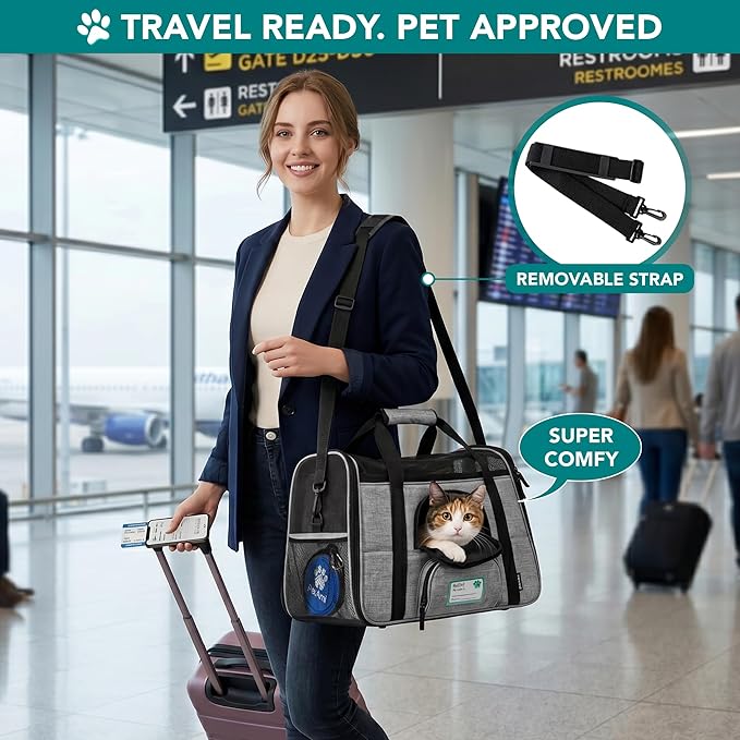 PetAmi Airline Approved Pet Carrier for Cats & Small Dogs, Soft Sided TSA Travel Carrier Bag Sherpa Bed, Breathable Mesh Ventilation, Collapsible Bowl, Fit Under Seat, Up to 18 lbs, Small Heather Gray