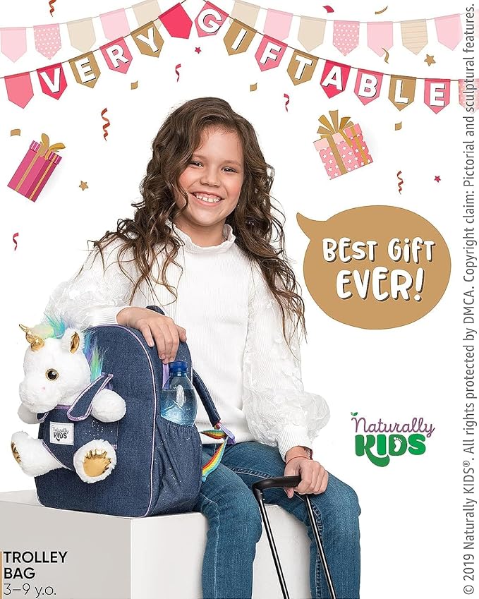【Upgraded】Toddler Luggage for Girls w Removable Unicorn Toy | Side & Inner Pockets, Reflective Logo, Name Tag, Sparkly Denim | Kids Rolling Backpack | Travel & Birthday Gifts for 3 4 5 6 Year Old