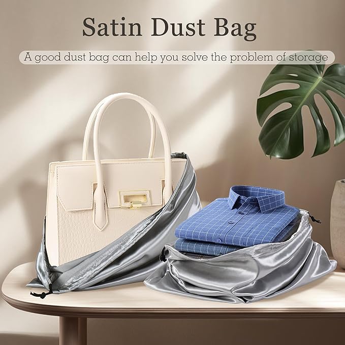 Vonty 3 Pack Silky Dust Bags for Shoes and Purses, Satin Drawstring Bag for HandBags Boots - Grey Shoe Bag Silk Dust Cover Bag Protector Travel Storage Pouch(19.6 x 15.7 In)
