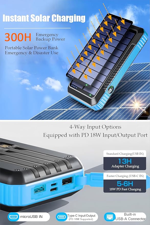 DJKK Solar Power Bank Portable Wireless Charger 52800mAh Built in 4 Cables and LED Camping Lights 22.5W Fast Charging Power Bank 7 Outputs 4 Inputs Charger Compatible with All Mobile Devices (Blue)