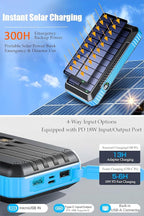 DJKK Solar Power Bank Portable Wireless Charger 52800mAh Built in 4 Cables and LED Camping Lights 22.5W Fast Charging Power Bank 7 Outputs 4 Inputs Charger Compatible with All Mobile Devices (Blue)