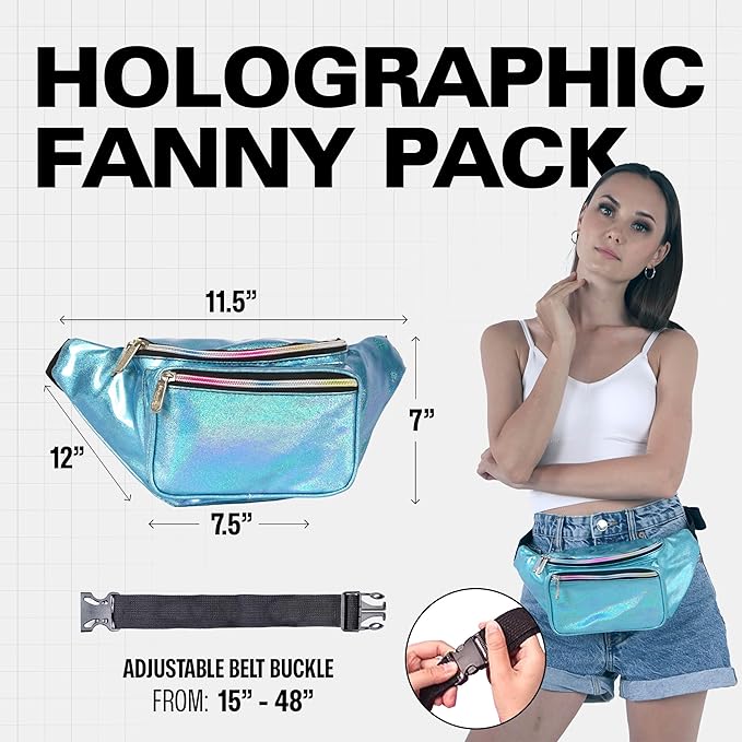 Holographic Fanny Pack Belt bag - Crossbody Waist Bag for Men or Women - Hands-Free, Waterproof Large Bumbag for Hiking, Running, and Travel (Blue Glitter)