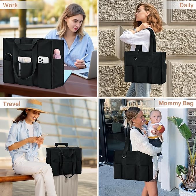Becokan Large Tote Bag for Women Waterproof with 12 Pockets Top Zipper Closure Utility Teacher Nurse Bags for Work School